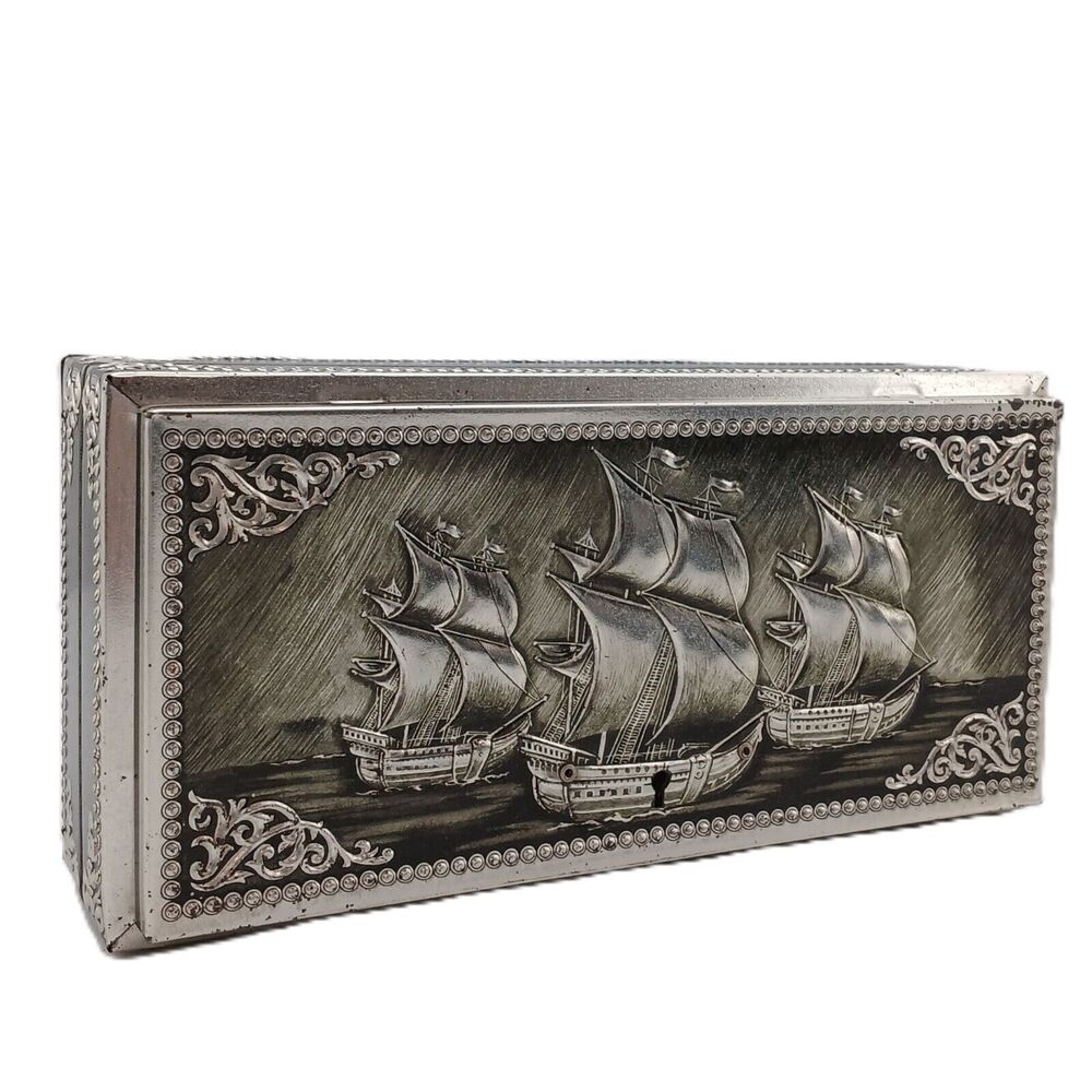 Vintage Elite England Tin Jewelry Storage Box 3D Embosssed Nautical Ships 4751/6